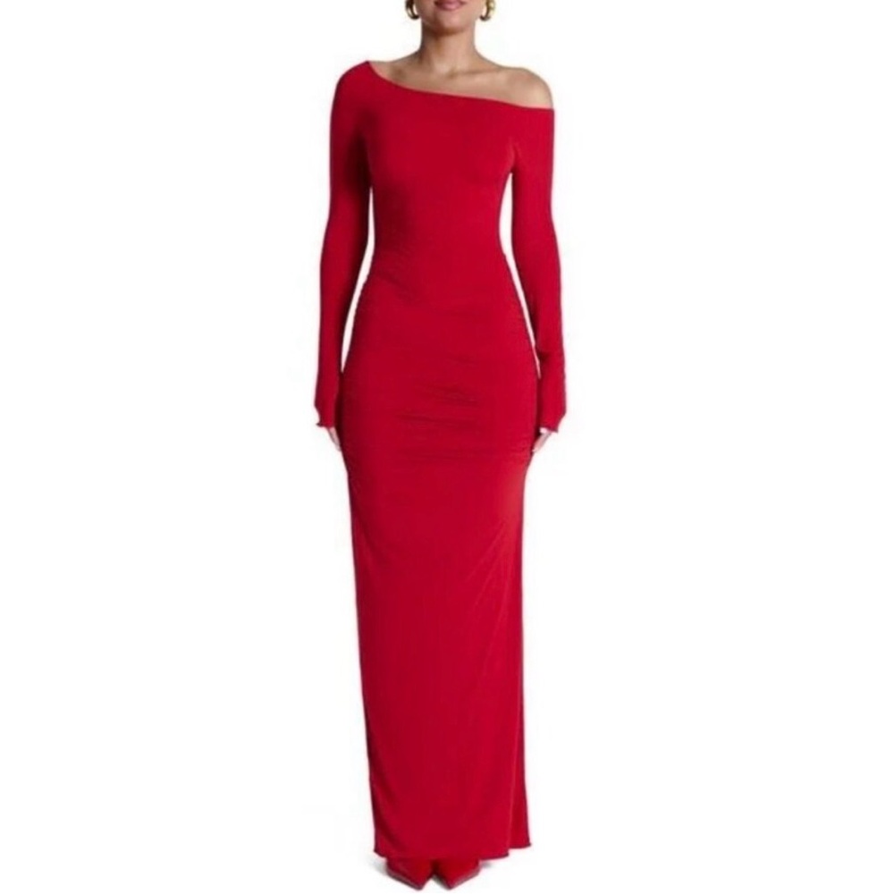 Naked Wardrobe Red off the shoulder ruched long maxi dress body contour size m